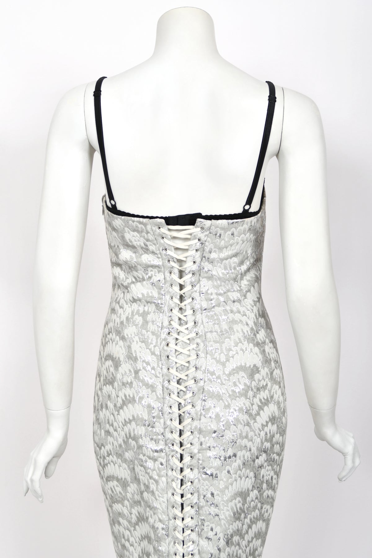 2003 Dolce & Gabbana Metallic Silver Brocade Built-In Bra Hourglass Co