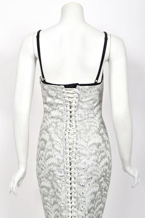 2003 Dolce & Gabbana Metallic Silver Brocade Built-In Bra Hourglass Corset Dress
