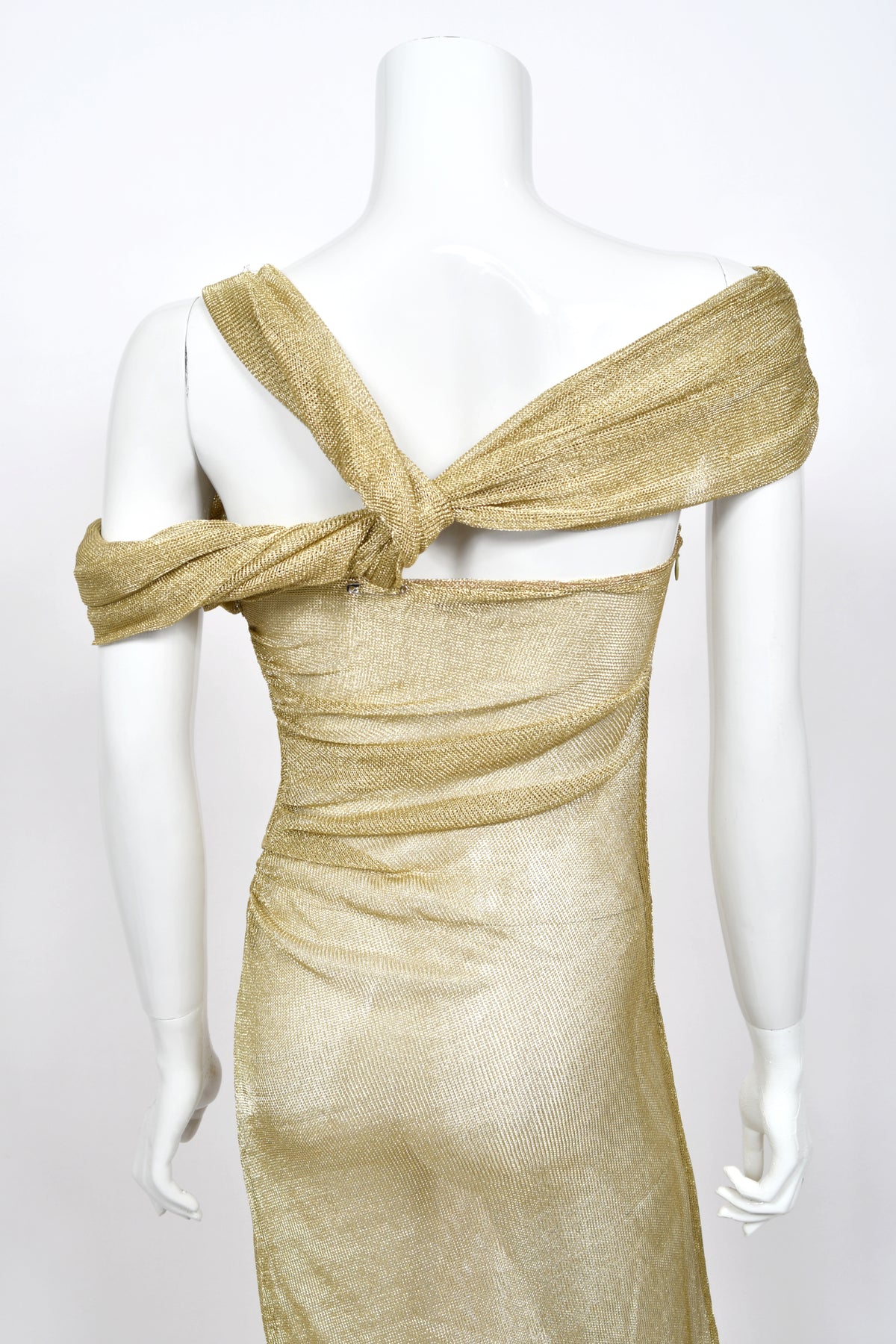 1999 Christian Dior by John Galliano Metallic Gold Sheer Mesh Asymmetric Maxi Gown