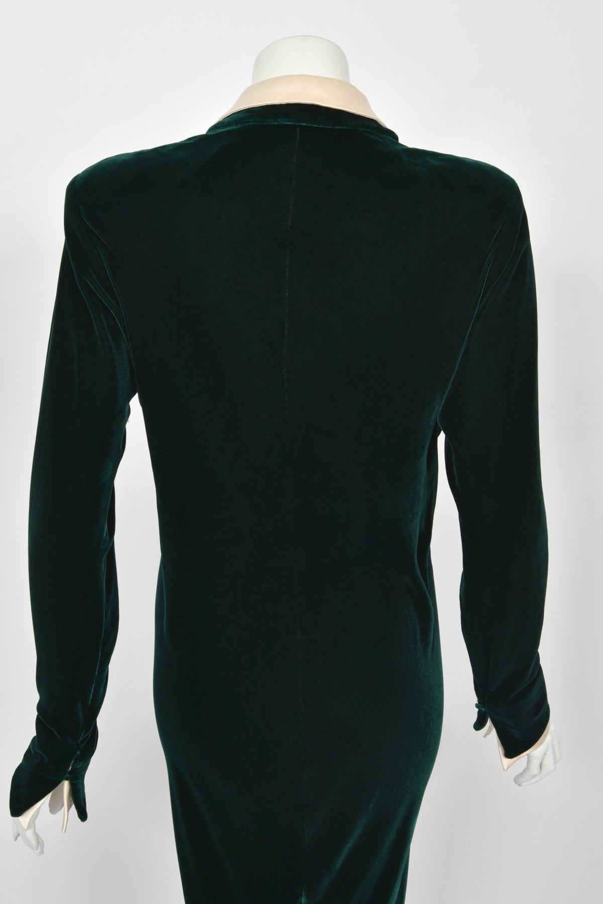 1978 Halston Couture Dark Green Velvet & Ivory Silk Ruffle Bodice Bias-Cut Gown