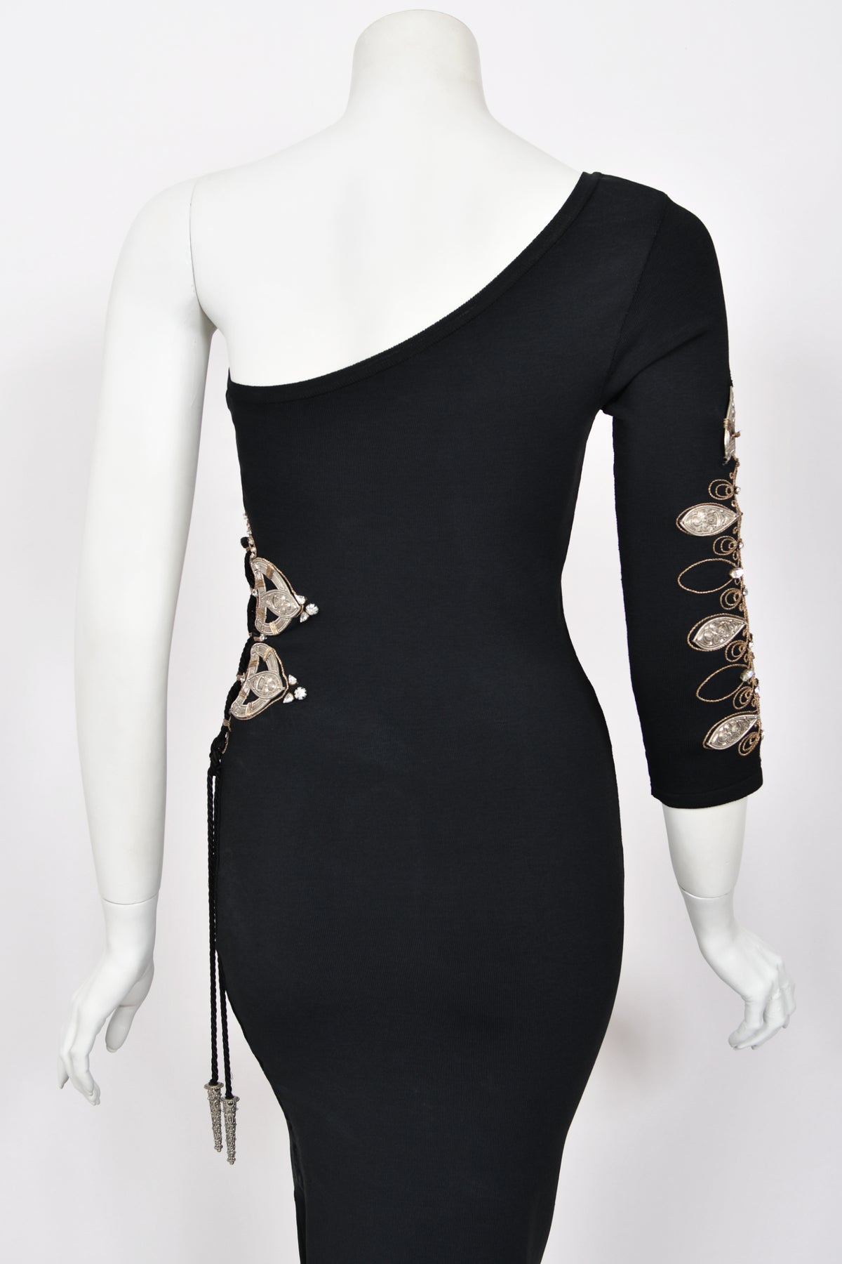 1994 Christian Dior Runway Metallic Embroidered Black Stretch Silk One-Sleeve Hourglass Dress