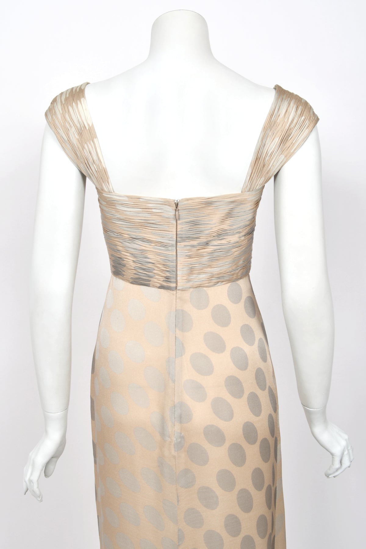 2008 Valentino Runway Polka-Dot Champagne &amp; Silver Silk Ruched Cut-Out Gown