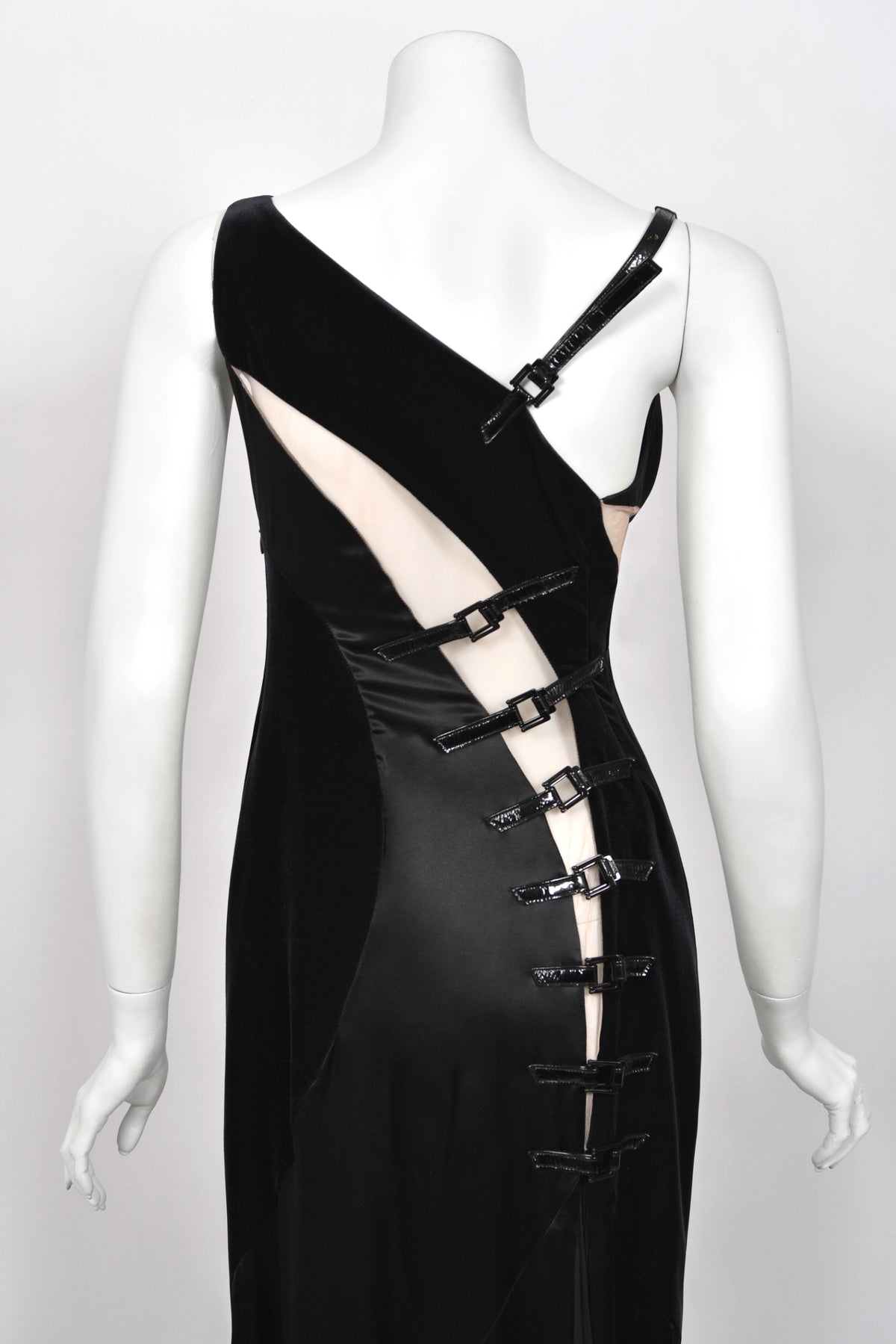 2004 Versace Runway Black Silk & Velvet Sheer-Illusion Buckle Trimmed High Slit Gown