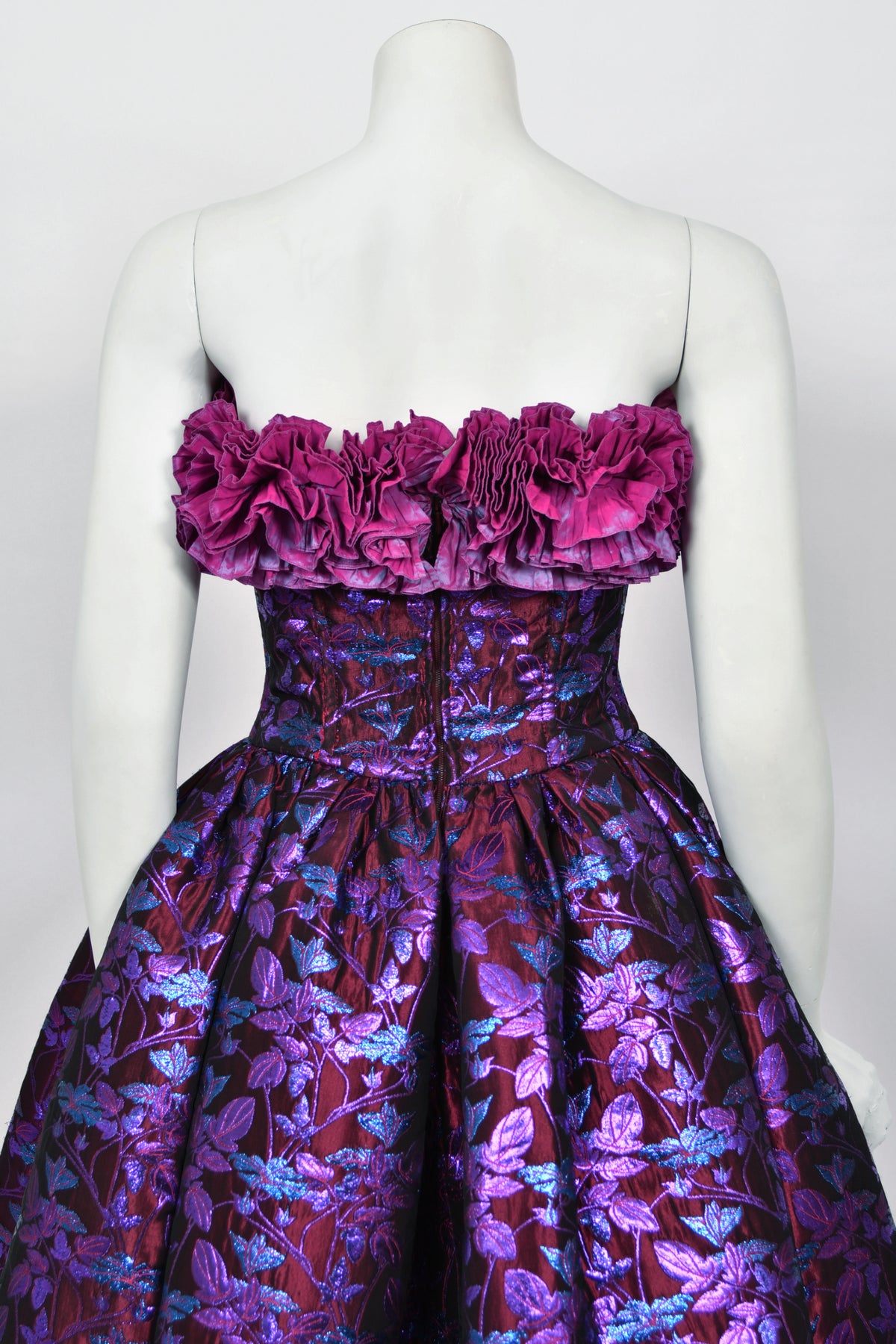 1989 Nina Ricci Haute Couture Metallic Fuchsia Silk Brocade Strapless Skirted Dress