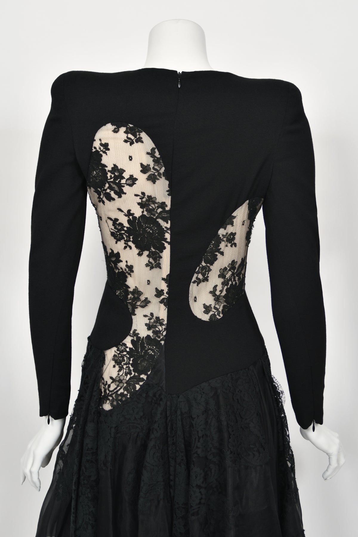 2010 Alexander McQueen Lifetime Black Crepe &amp; Sheer Illusion Lace High-Low Gown