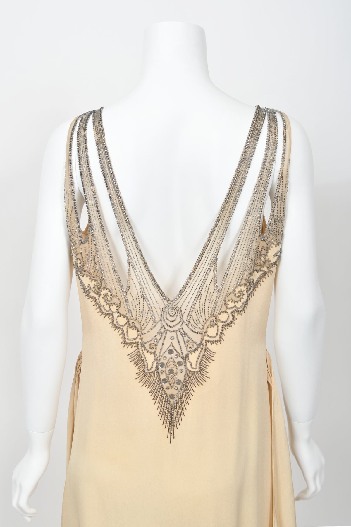 1930's French Ivory Creme Silk Beaded Sheer Illusion Deco Bias-Cut Bridal Gown