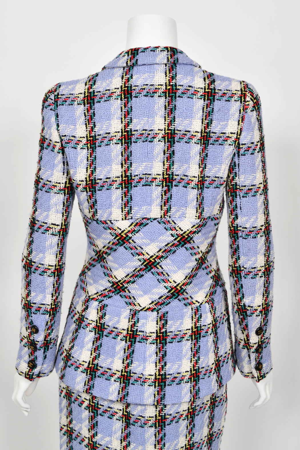 1995 Chanel by Karl Lagerfeld Runway Periwinkle Plaid Wool Barbie Jacket &amp; Skirt