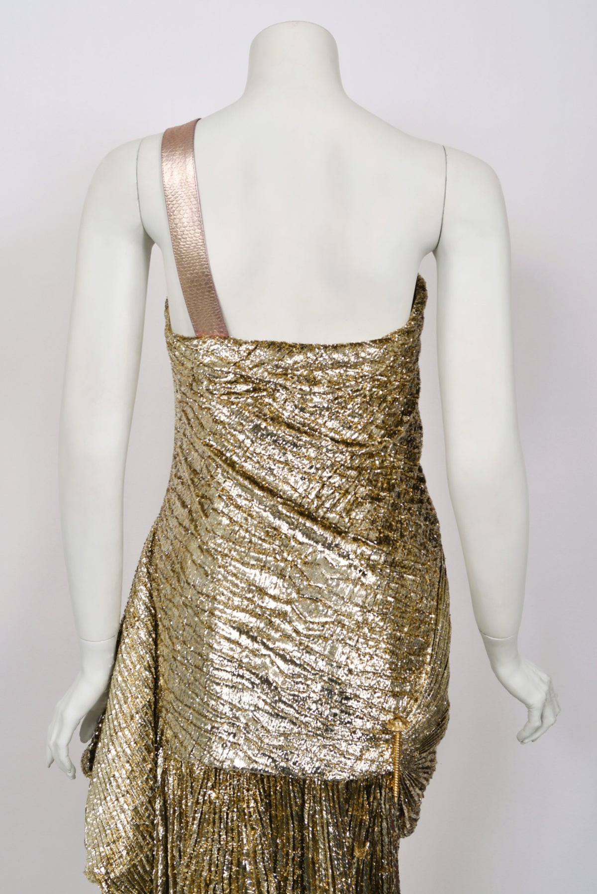 1994 Gianni Versace Couture Runway Metallic Gold Pleated Lamè High-Slit Gown