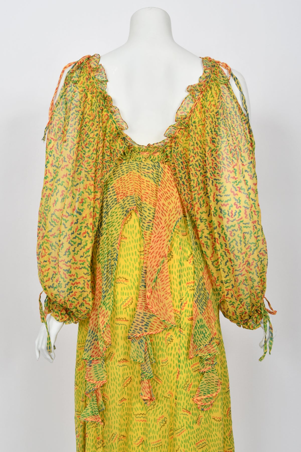 1971 Ossie Clark for Quorum Celia Birtwell Yellow Print Sheer Silk Chiffon Cut-Out Dress