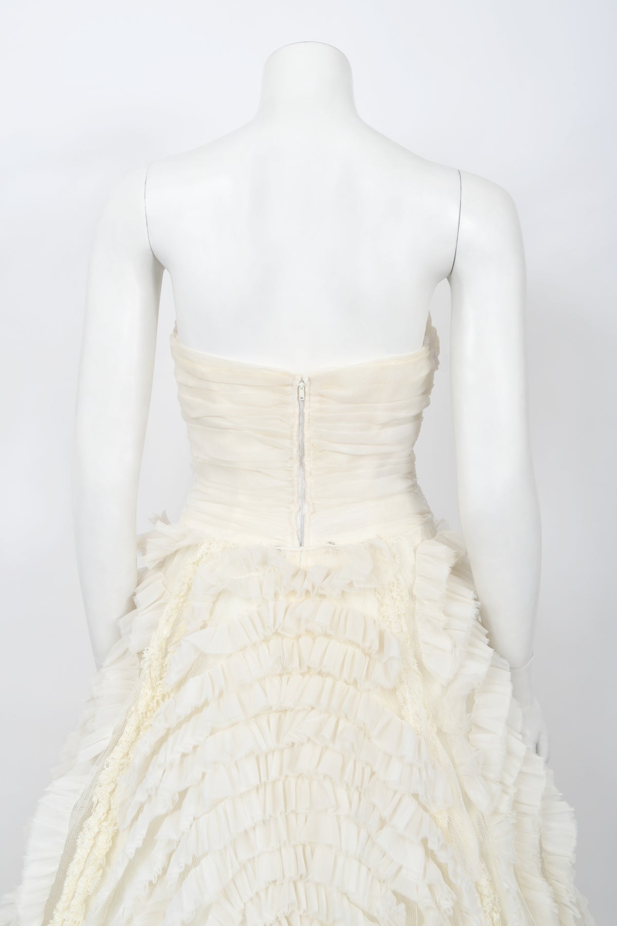 1950's Ivory Chiffon Strapless Tiered Ruffle Full-Length 'New Look' Bridal Gown