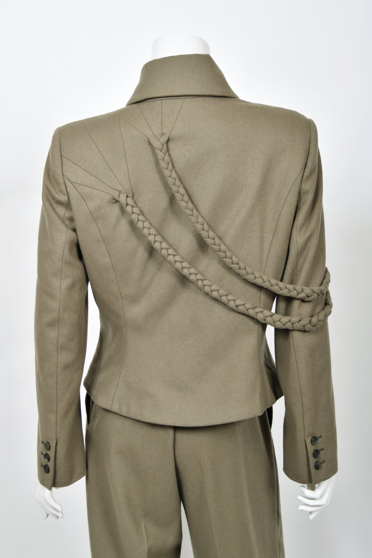 2001 Alexander McQueen Documented Runway Moss-Green Wool Braided Jacket Pantsuit