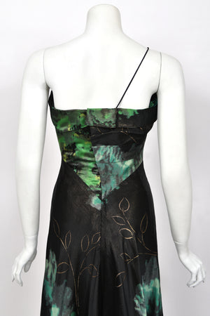 1950 Irene Lentz Couture Metallic Green & Black Floral Silk Sculpted Bustier High-Low Gown