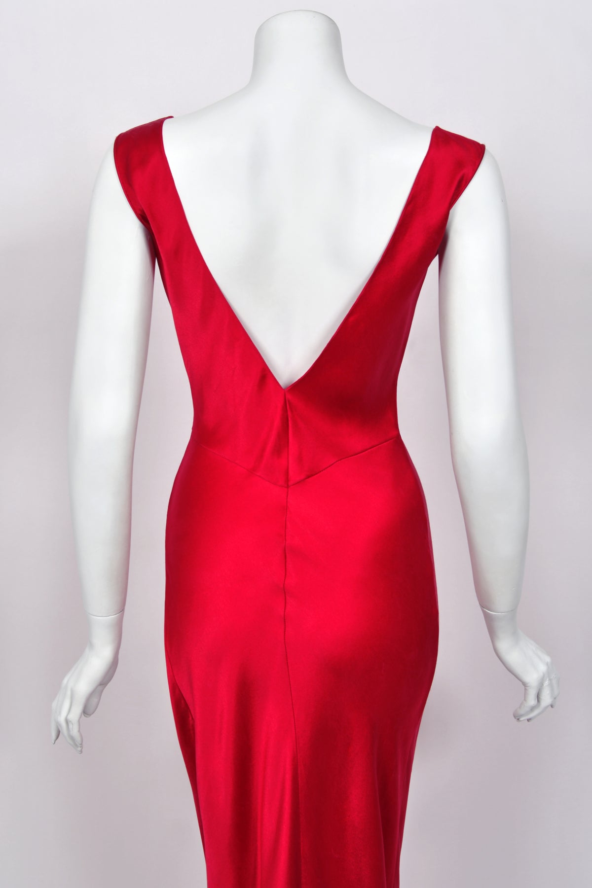 2003 Christian Dior by John Galliano Ruby Red Silk Low Cut Draped High Slit Bias-Cut Dress