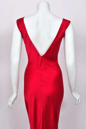 2003 Christian Dior by John Galliano Ruby Red Silk Low Cut Draped High Slit Bias-Cut Dress