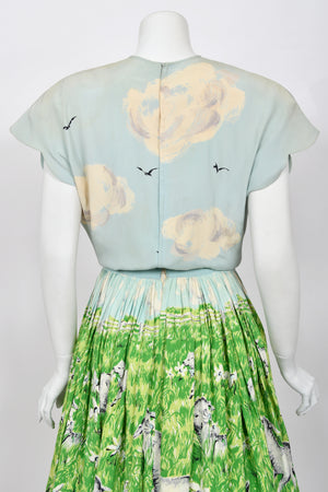 1942 Gilbert Adrian Iconic 'Gamboling Lambs' Scenic Print Scalloped Patio Dress