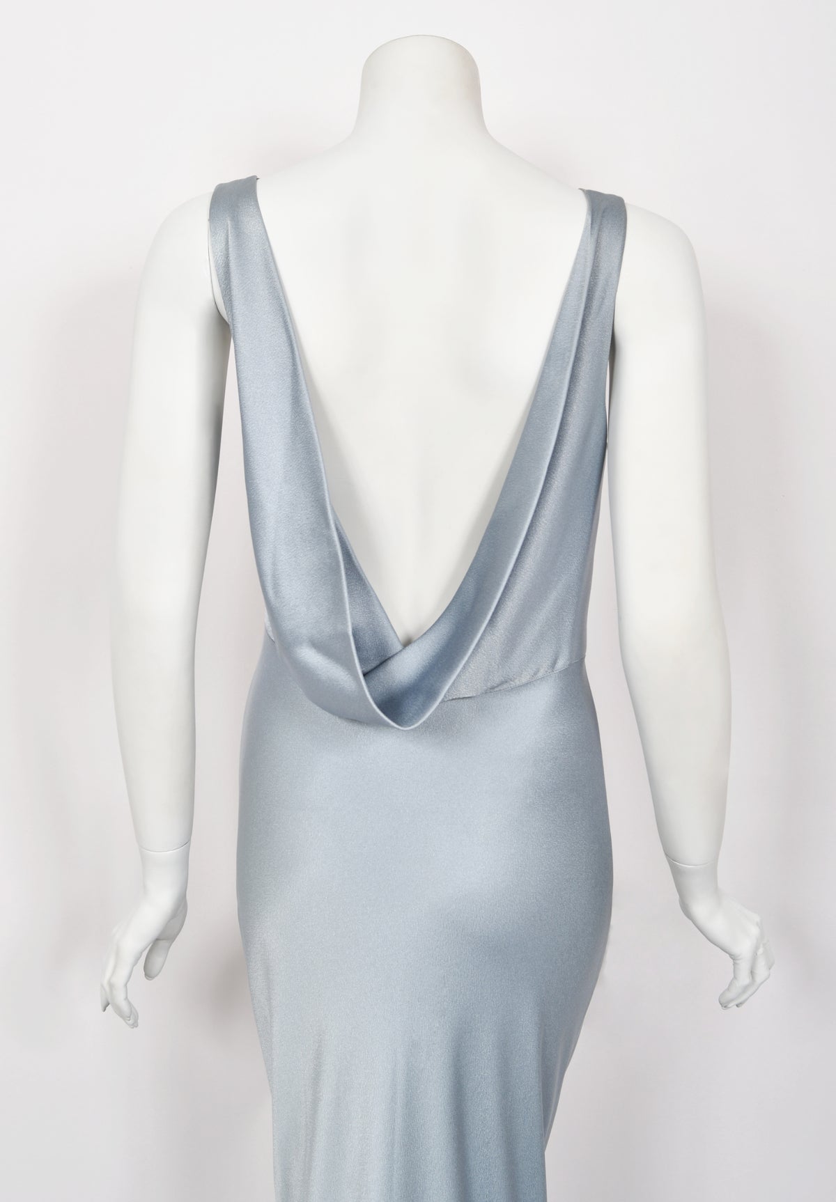 1997 John Galliano Documented Ice Blue Satin Backless Bias-Cut Trained Gown