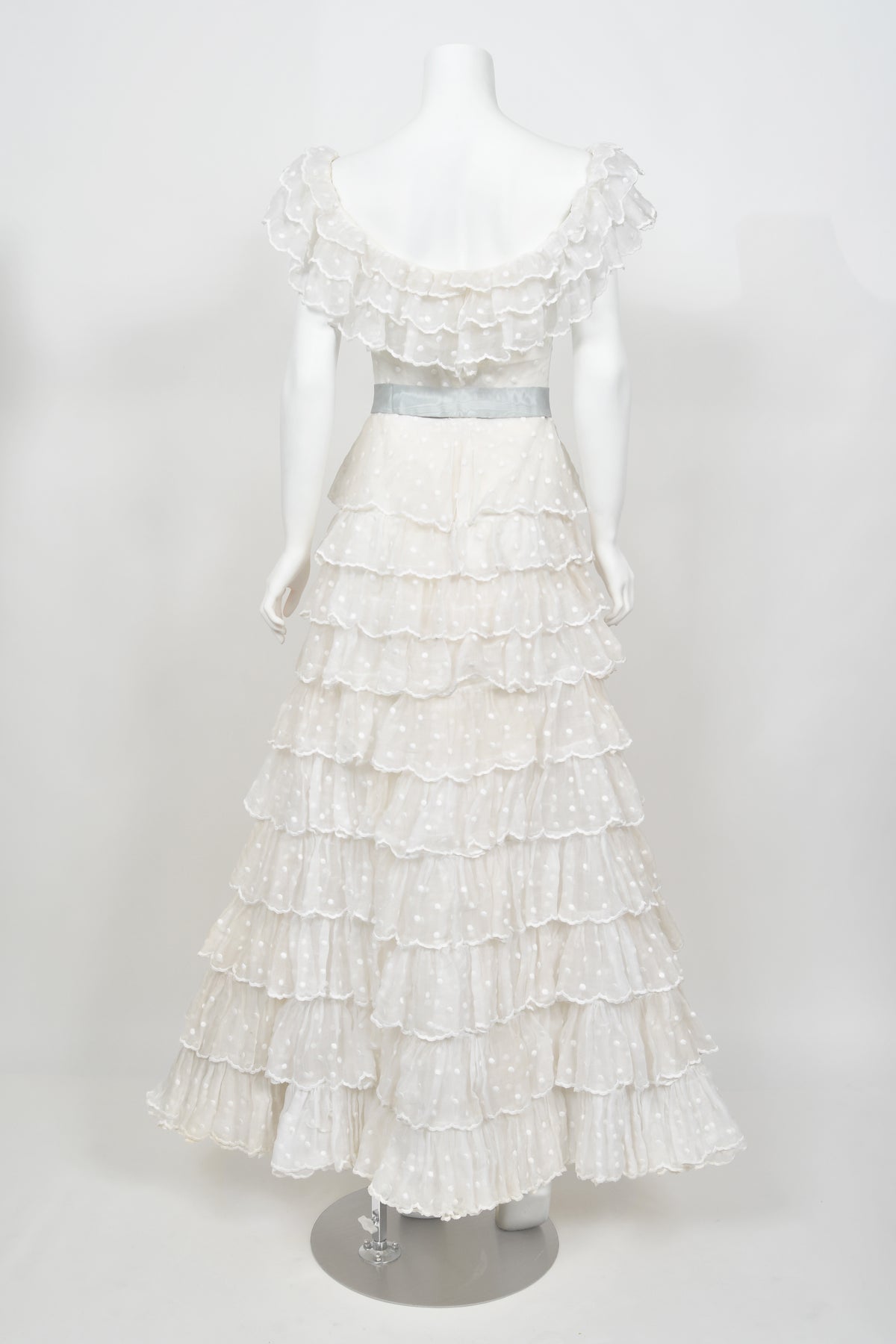 1975 Chanel Haute Couture White Dotted Organza Off-Shoulder Tiered Ruffle Gown