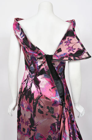 2010 Alexander McQueen Orchid Print Silk Jacquard & Tulle Asymmetric Bustle Gown