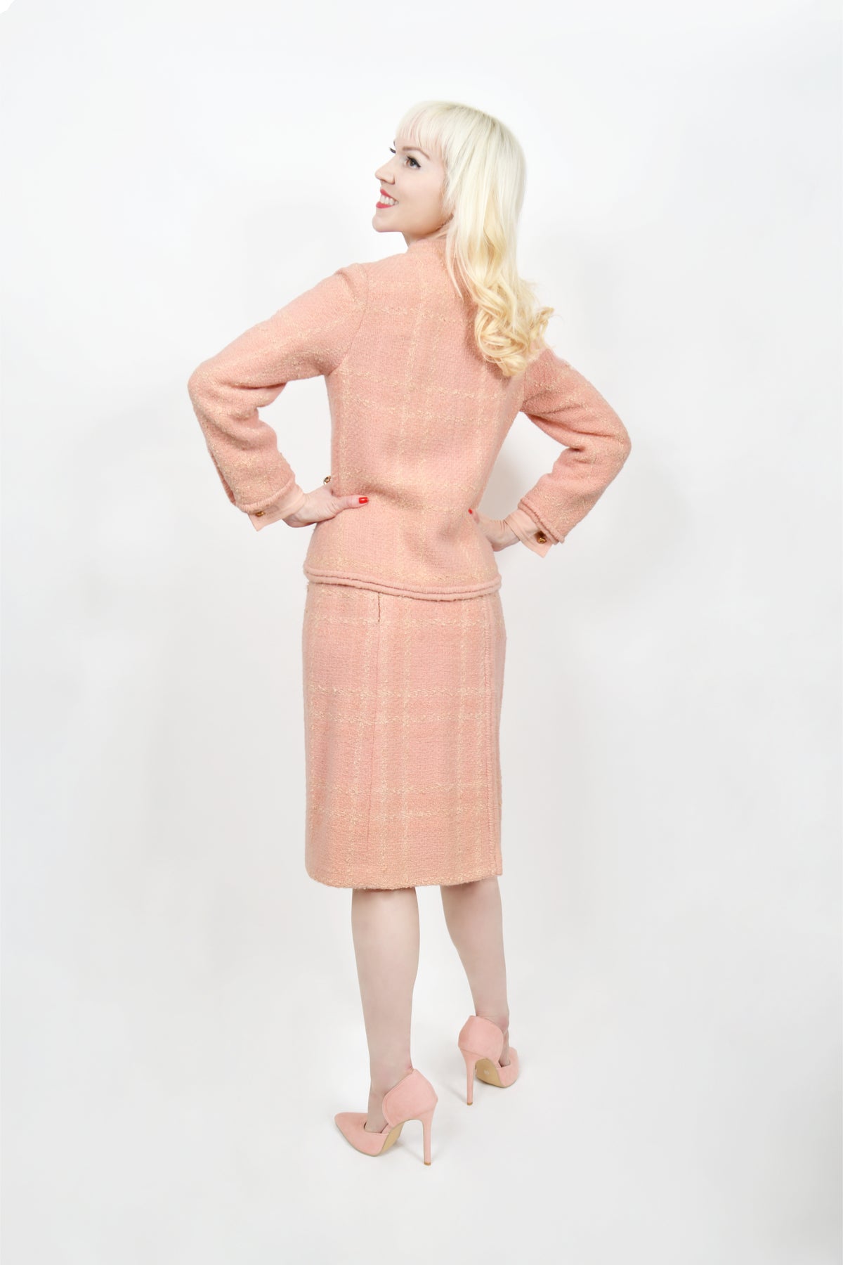 1973 Chanel Haute Couture Documented Pink Wool Jacket Blouse Skirt Three-Piece Suit