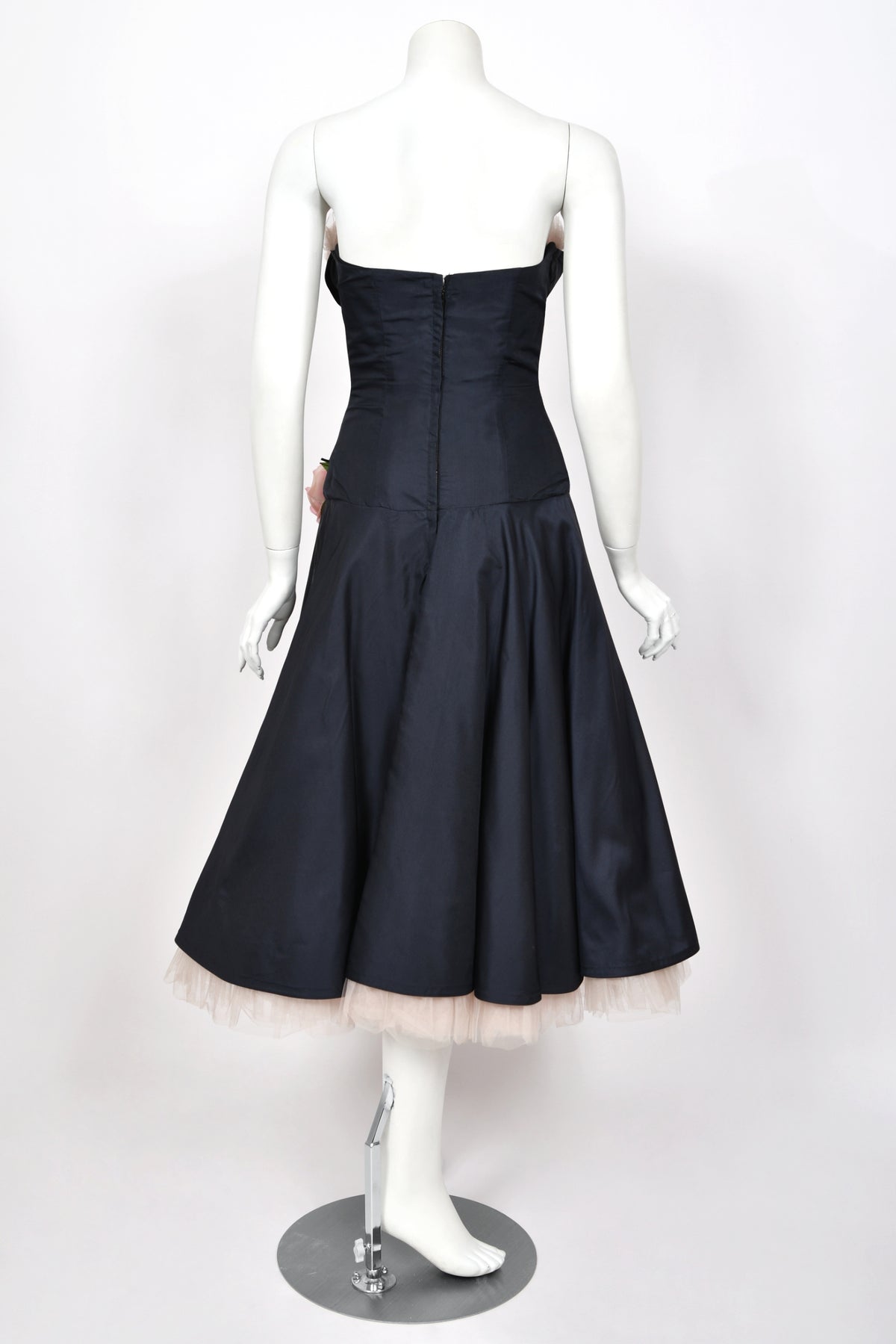 1950's Don Miguel of California Navy Silk &amp; Blush Pink Tulle Ruffle Shelf-Bust Strapless Dress