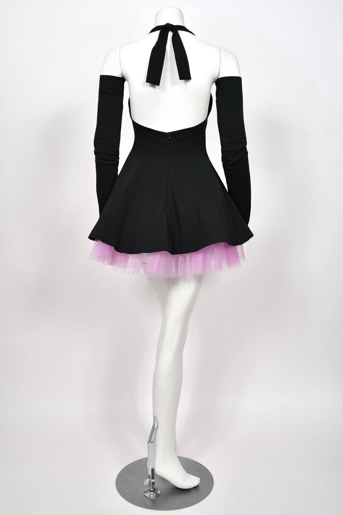 1992 Dolce & Gabbana Runway Black Stretch Cotton & Lilac Tulle Halter Mini Dress w/ Gloves