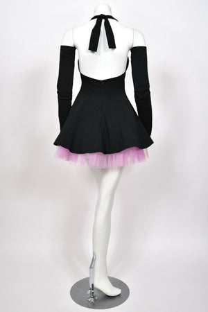 1992 Dolce & Gabbana Runway Black Stretch Cotton & Lilac Tulle Halter Mini Dress w/ Gloves