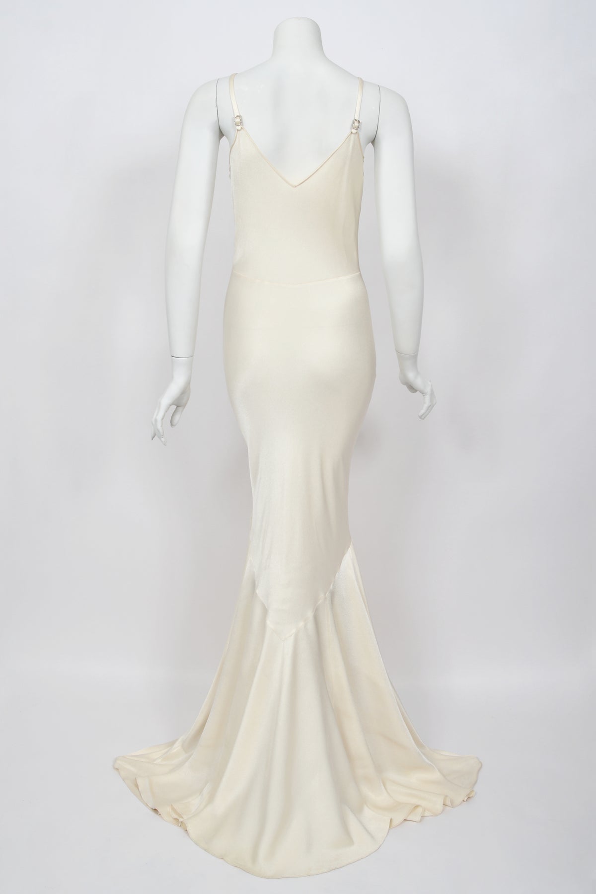 2004 John Galliano Ivory Satin Crystal Accented Bias-Cut Trained Bridal Gown