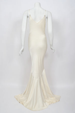 2004 John Galliano Ivory Satin Crystal Accented Bias-Cut Trained Bridal Gown