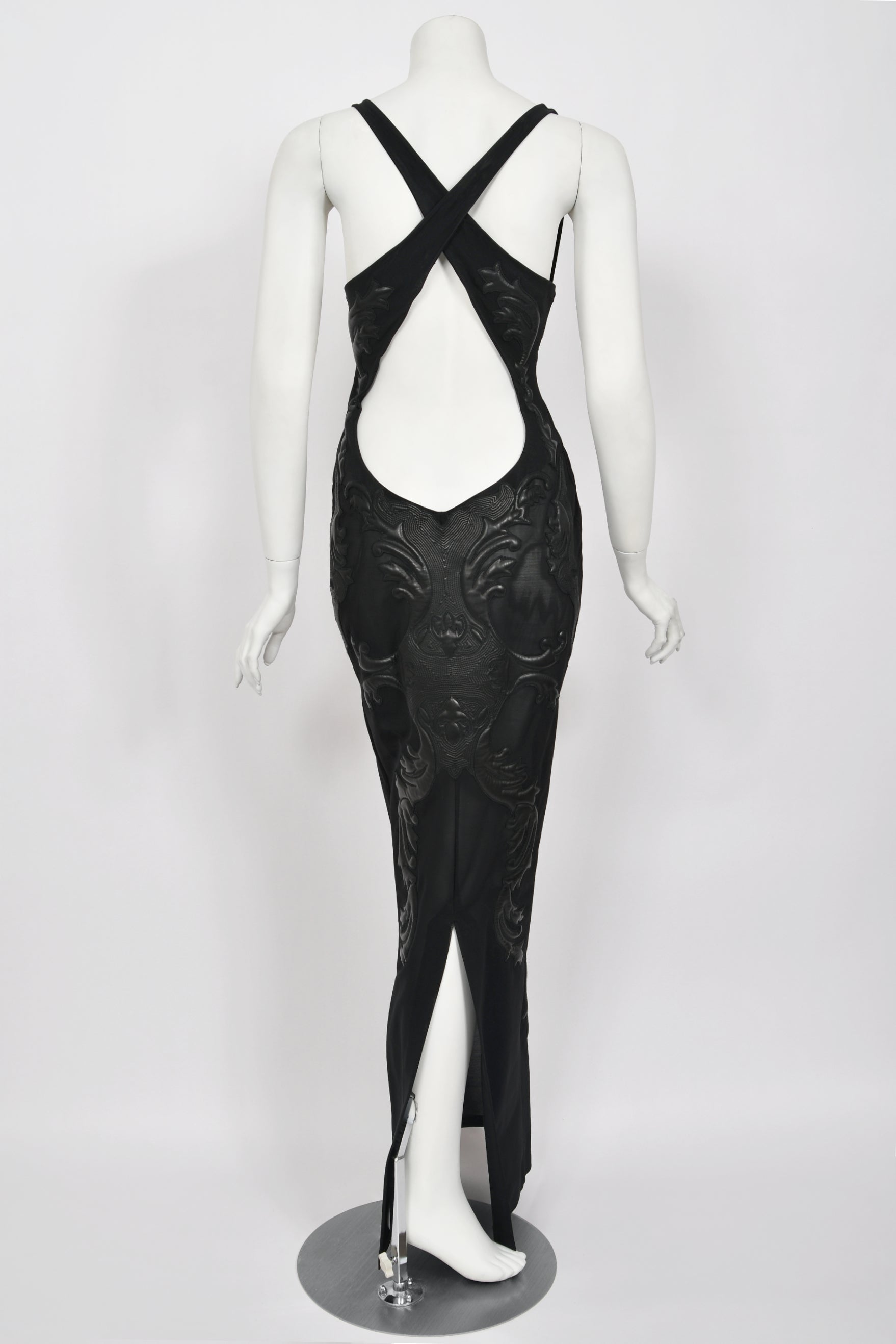 2002 Roberto Cavalli Black Leather Appliqu Sheer Mesh Low-Cut Gown - Timeless Vixen 2002 Roberto Cavalli Black Leather Appliqu Sheer Mesh Low-Cut Gown - Timeless Vixen