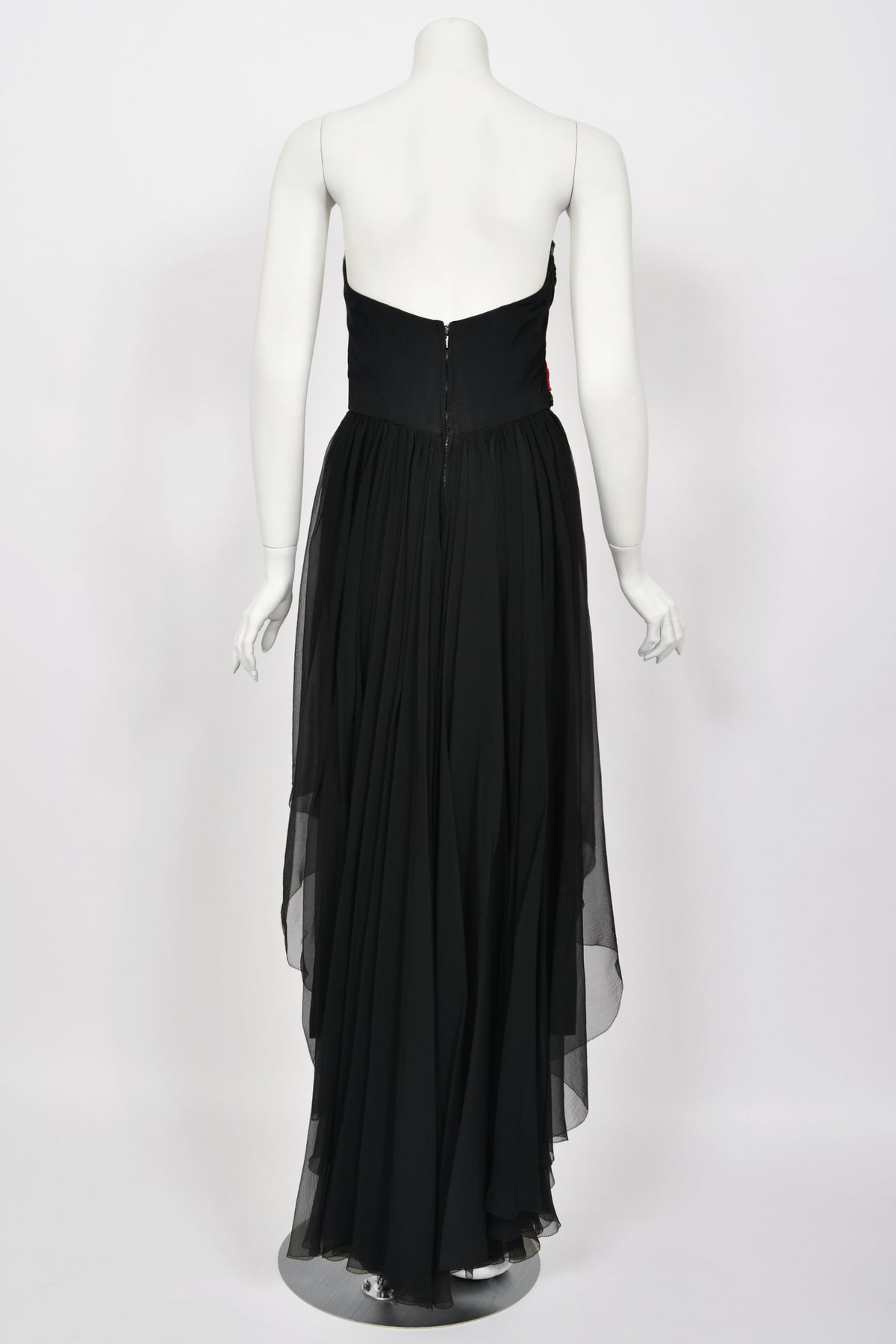 1950&#39;s Howard Greer Couture Red Roses Silk Strapless High-Low Gown &amp; Shawl