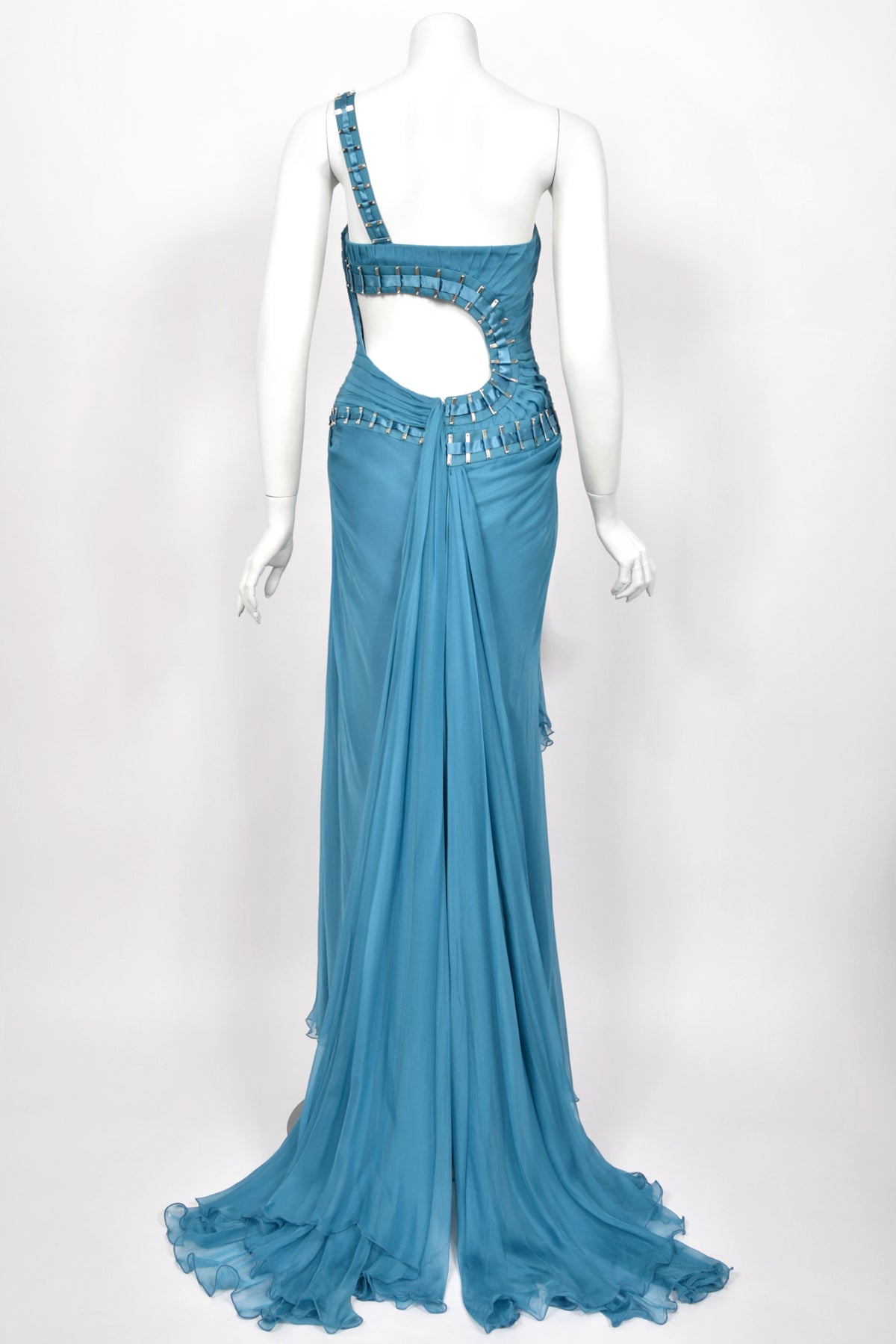 2009 Versace Runway Embellished Blue Silk Chiffon One-Shoulder High Low Gown