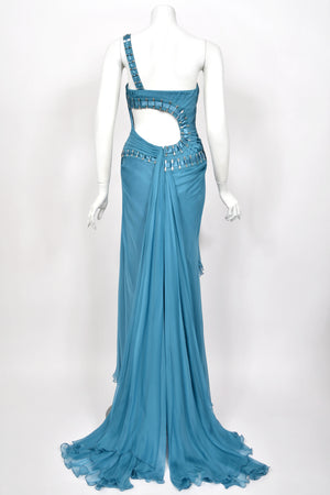 2009 Versace Runway Embellished Blue Silk Chiffon One-Shoulder High Low Gown