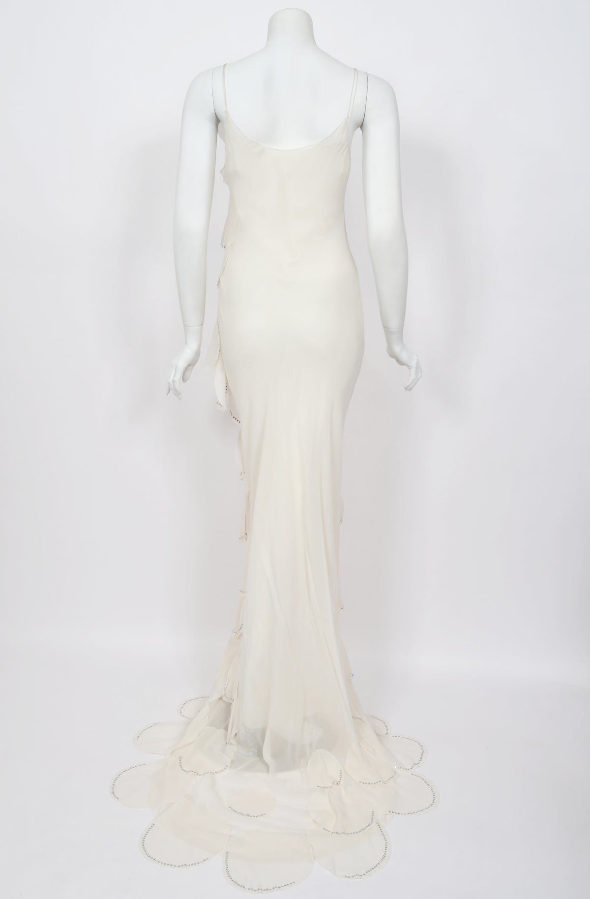 1990 Angelo Tarlazzi Paris Couture Ivory Silk Rhinestone Petals Bias-Cut Trained Gown