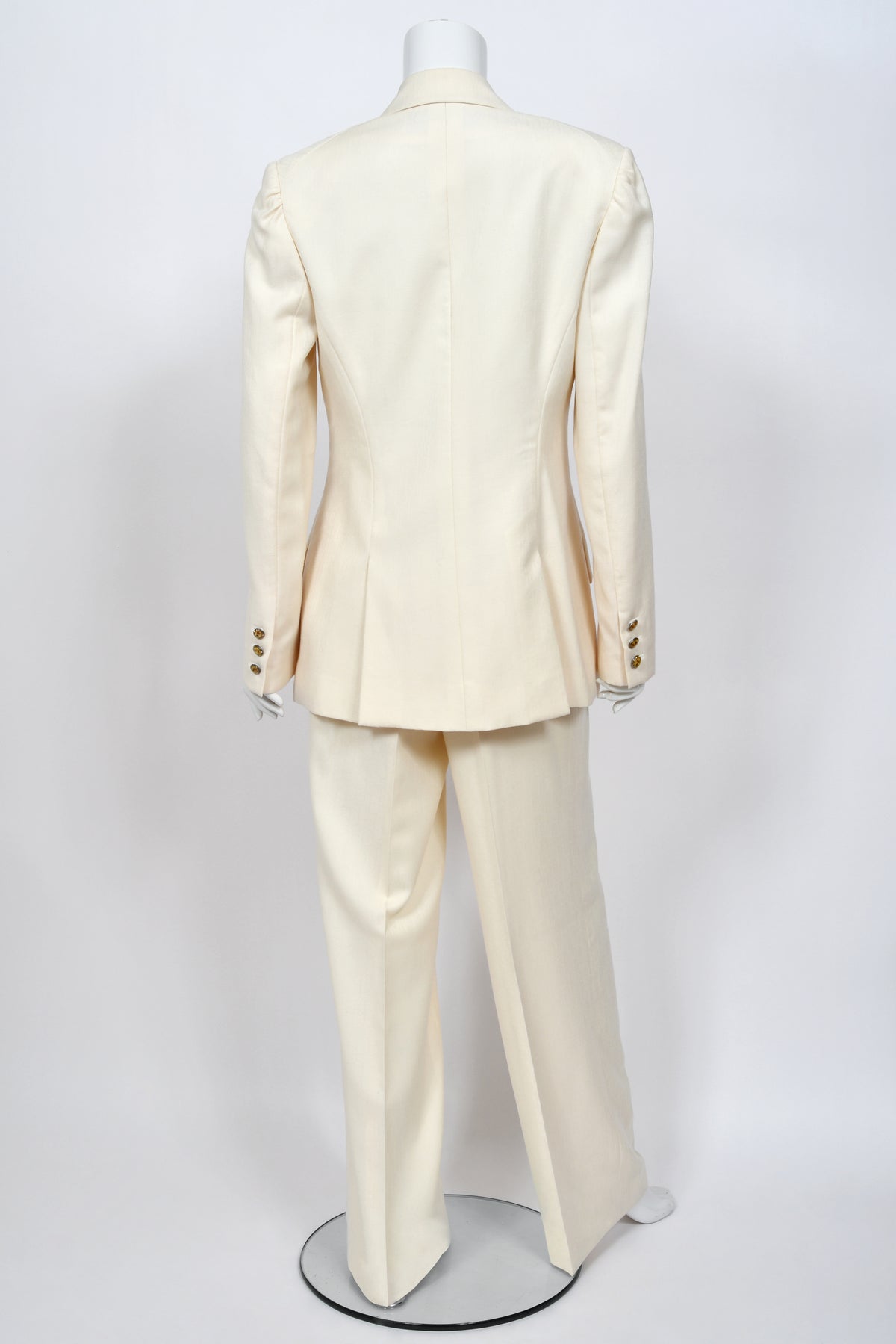 1999 Christian Dior by John Galliano Ivory Logo-Print Silk Enamel Buttons Pantsuit