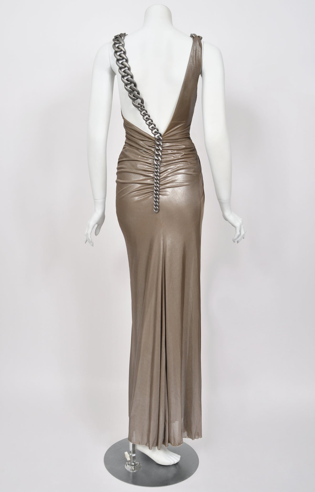 2007 Versace Smokey Metallic Stretch Silk Chain Straps Hourglass Gown