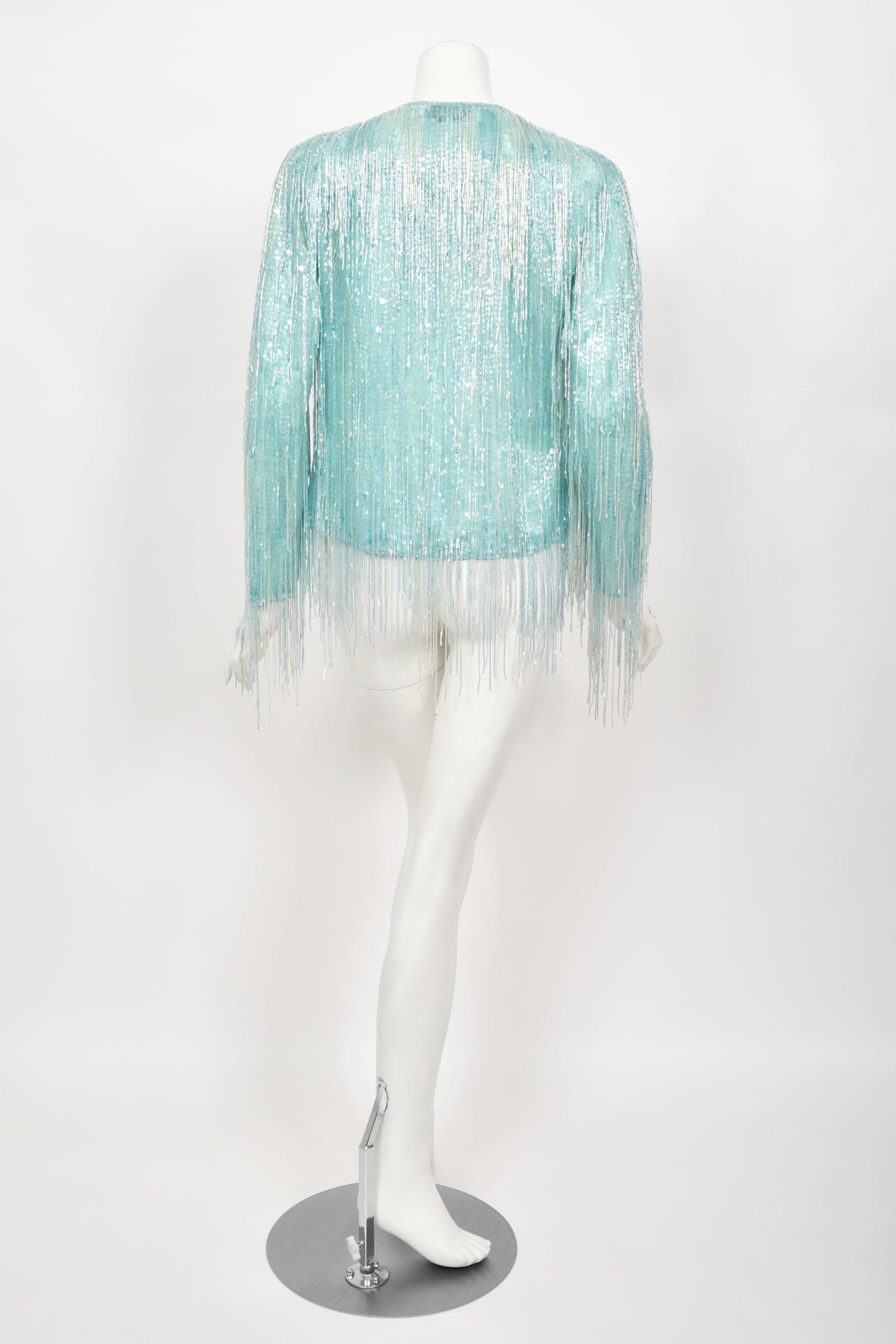 1970&#39;s Halston Couture Ice Blue Beaded Silk Fringe Disco Cardigan Jacket