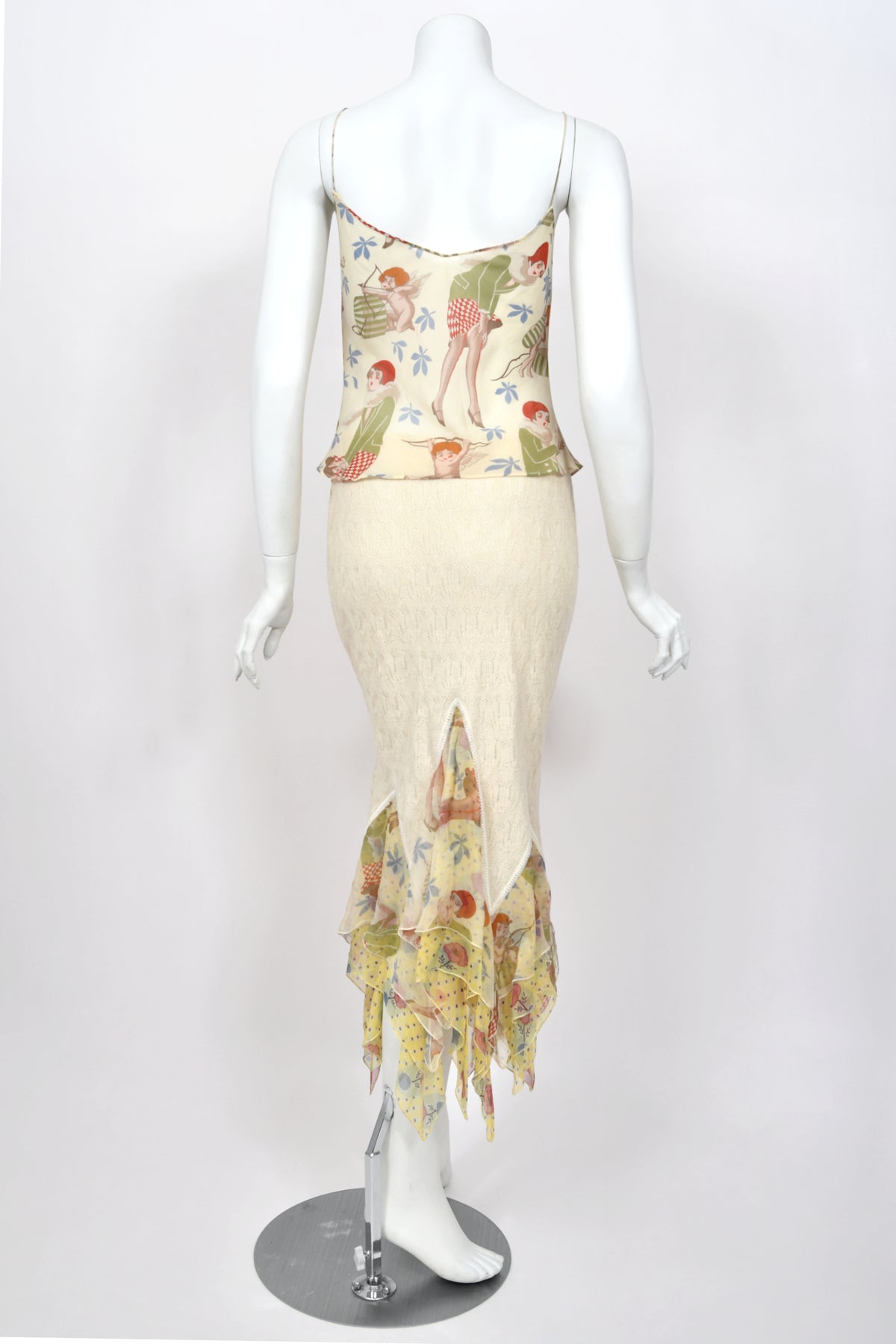 2004 John Galliano 'Cherubs & Flappers' Whimsical Print Silk Camisole & Cashmere Knit Bias-Cut Skirt Set