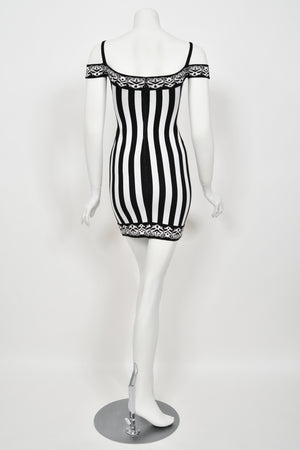 1992 Azzedine Alaia Runway Striped Stretch Knit Cold-Shoulder Bodycon Mini Dress