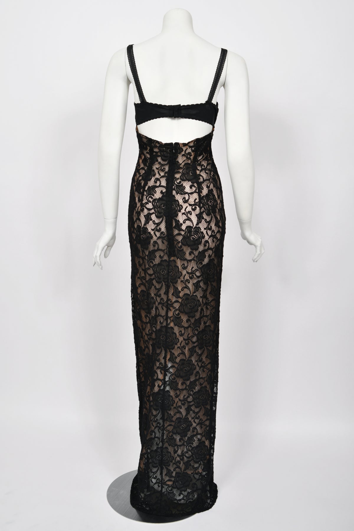 1997 Dolce &amp; Gabbana Sheer Black Stretch Lace Built-In Bra Hourglass Slip Gown