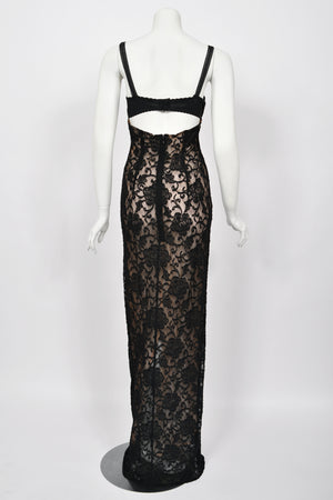 1997 Dolce & Gabbana Sheer Black Stretch Lace Built-In Bra Hourglass Slip Gown