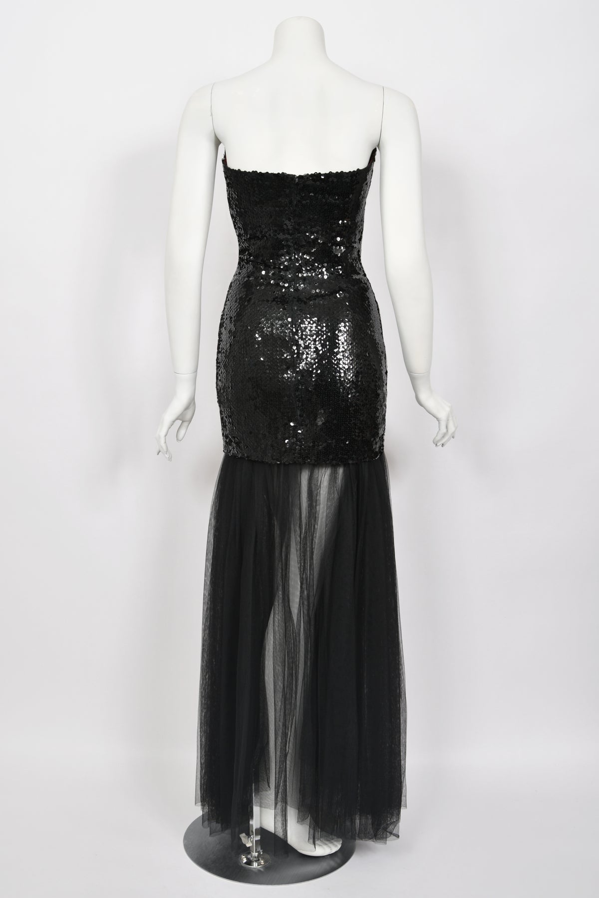 1986 Thierry Mugler &#39;Hiver Russe&#39; Collection Black Sequin Bustier Sheer Gown