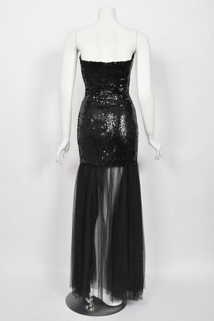 1986 Thierry Mugler 'Hiver Russe' Collection Black Sequin Bustier Sheer Gown