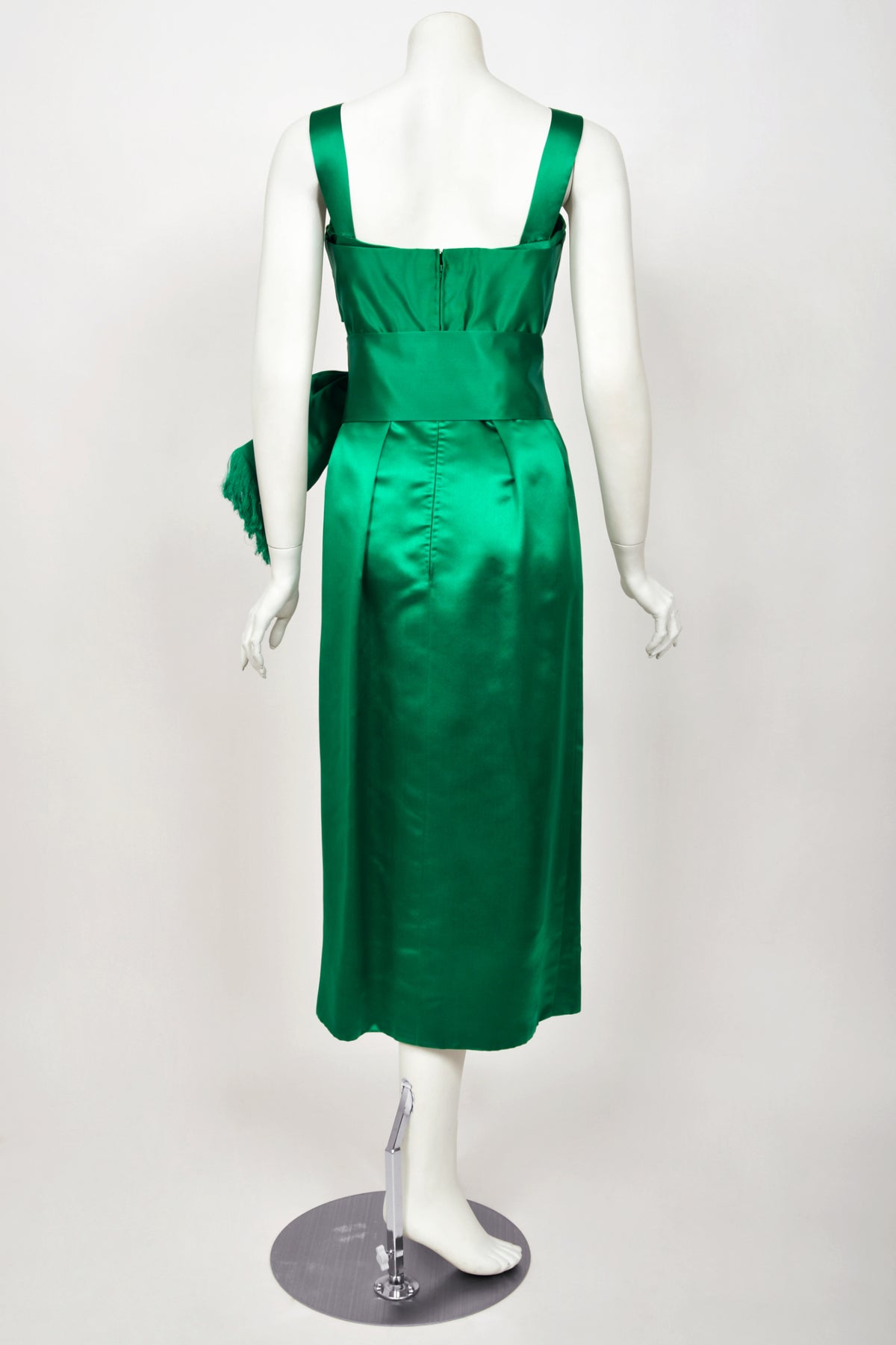 1958 Christian Dior by Yves Saint Laurent Emerald Green Satin Sash-Bow Cocktail Dress