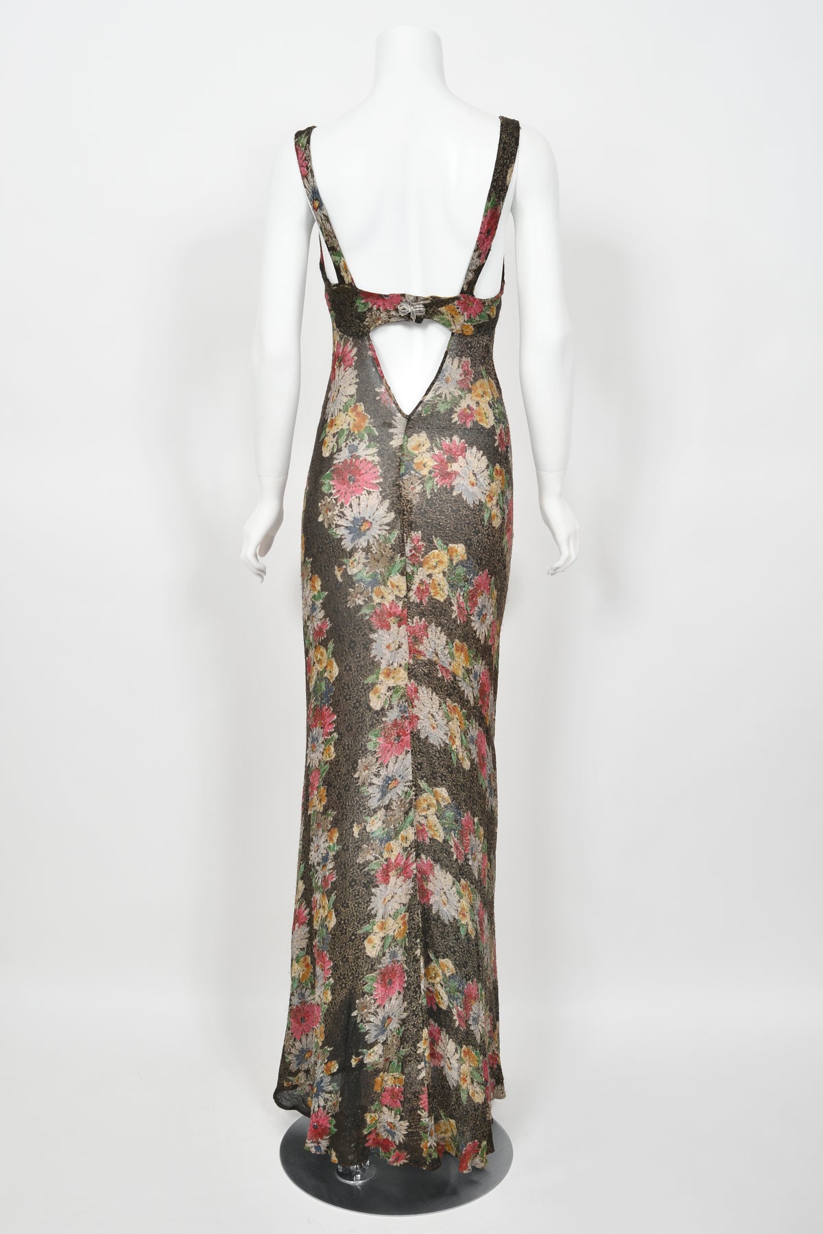 1930&#39;s Colorful Metallic Floral Motif Lamé Cut Out Back Hourglass Bias-Cut Gown