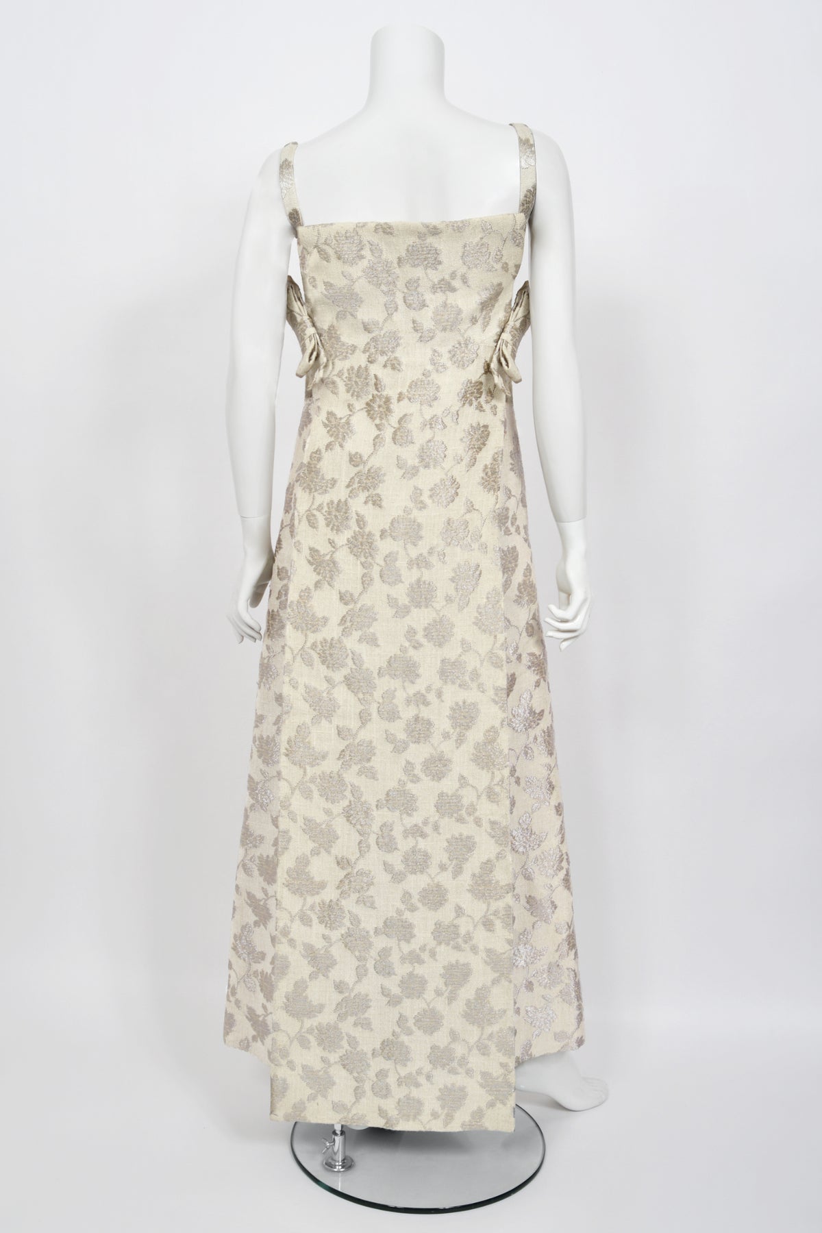 1962 Christian Dior Paris Ivory Silver Floral Silk Brocade Back-Bows Bridal Gown