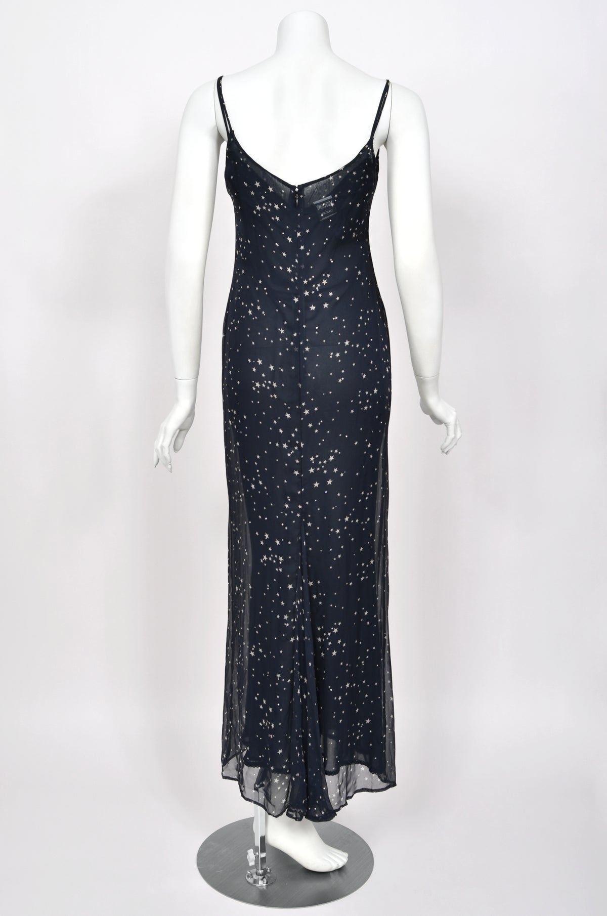 1998 Moschino Runway Navy Blue Sheer Silk Chiffon Star Motif Rhinestone Maxi Slip Dress