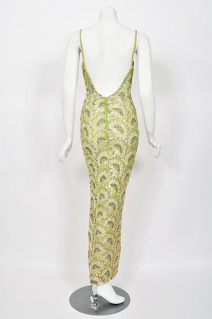 1950's Jacqueline Paris Couture Chartreuse Fully-Beaded Backless Hourglass Gown