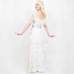 1975 Chanel Haute Couture White Dotted Organza Off-Shoulder Tiered Ruffle Gown