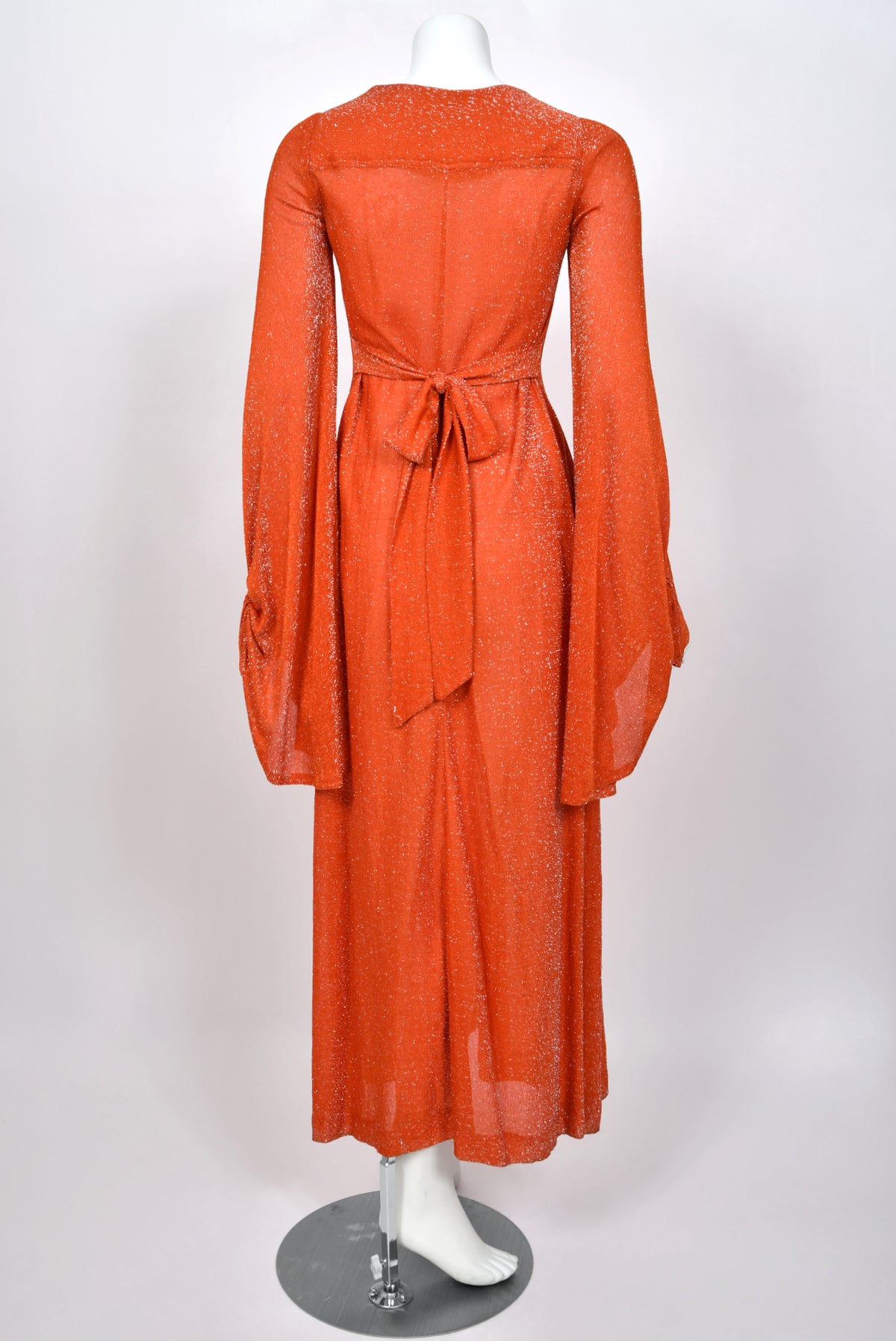 1974 Biba by Barbara Hulanicki Metallic Orange Lurex Angel-Sleeve High Slit Maxi Dress