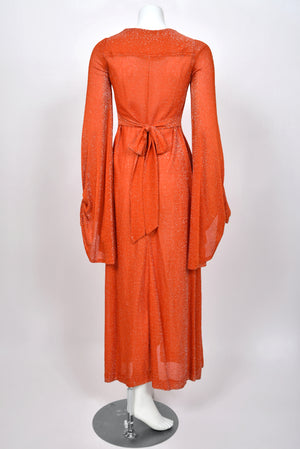 1974 Biba by Barbara Hulanicki Metallic Orange Lurex Angel-Sleeve High Slit Maxi Dress